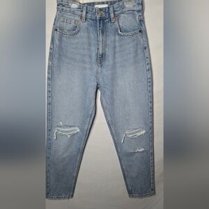 Zara Womens 4/27 Mom Jeans Distressed    Medium Wash Denim